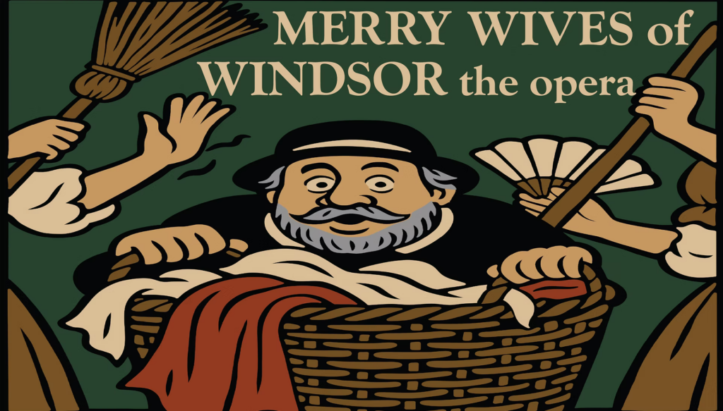 Cartoon man in a laundry basket, two women out of frame hitting him with brooms