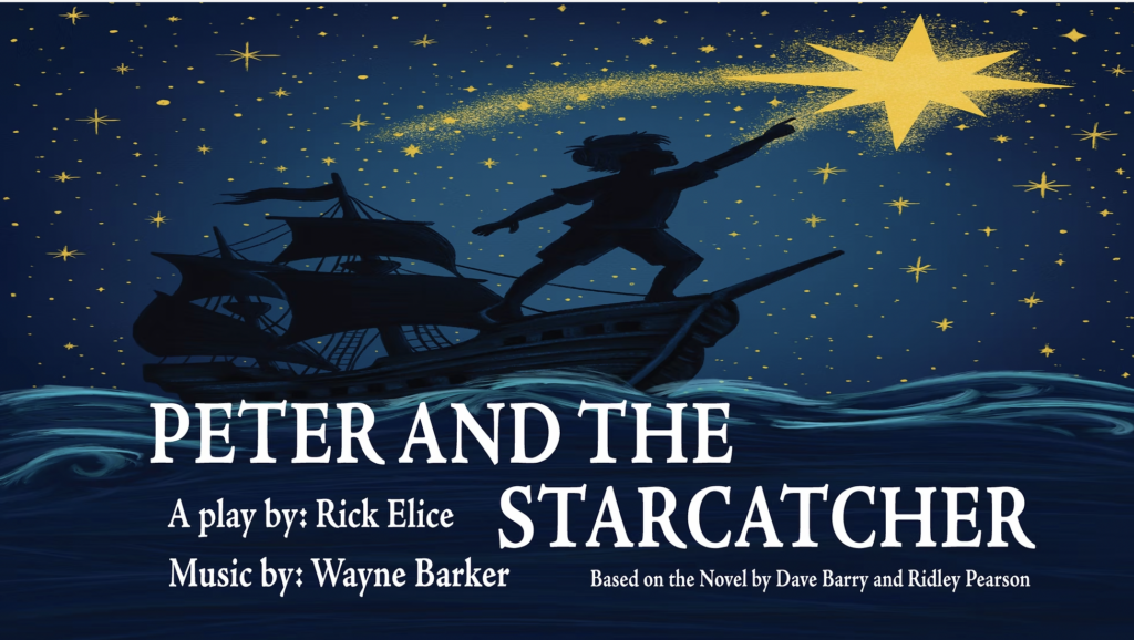 Blue and yellow poster for the play "Peter and the Starcatcher" 