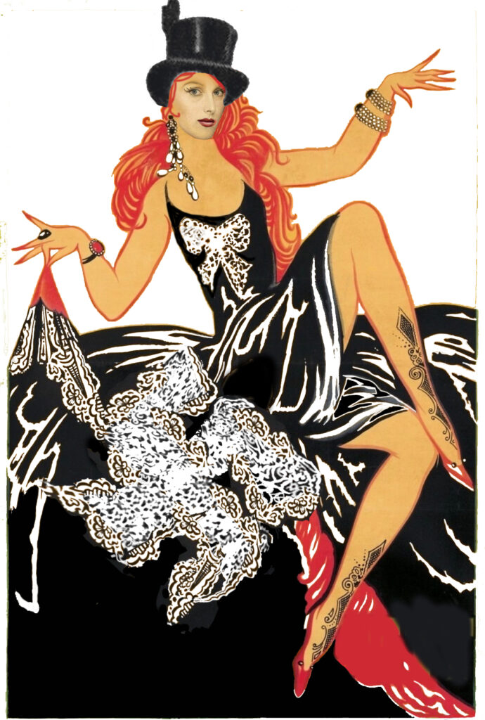 An androgynous performer in a dress with a Nazi lace bow on it.